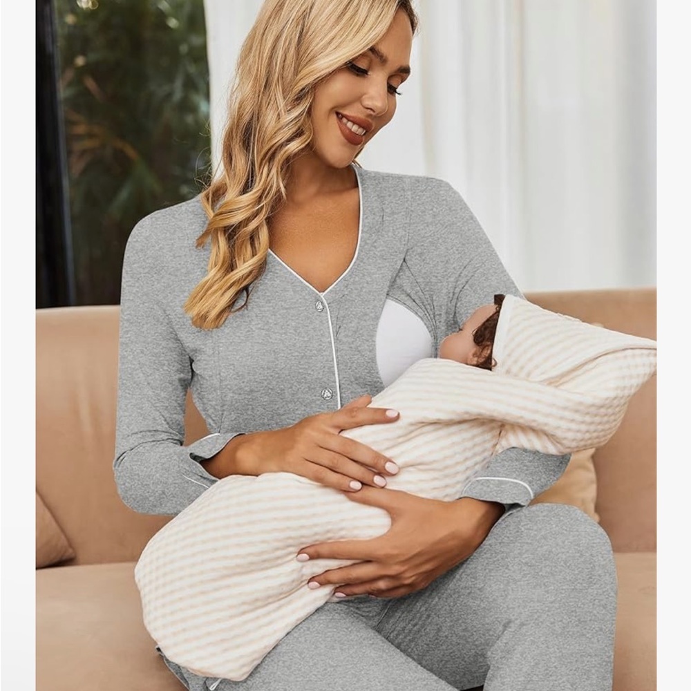 Women's Gray Nursing Pajama Set - Picture 2 of 5